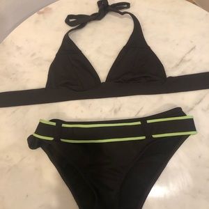 dark brown bikini with green waistband